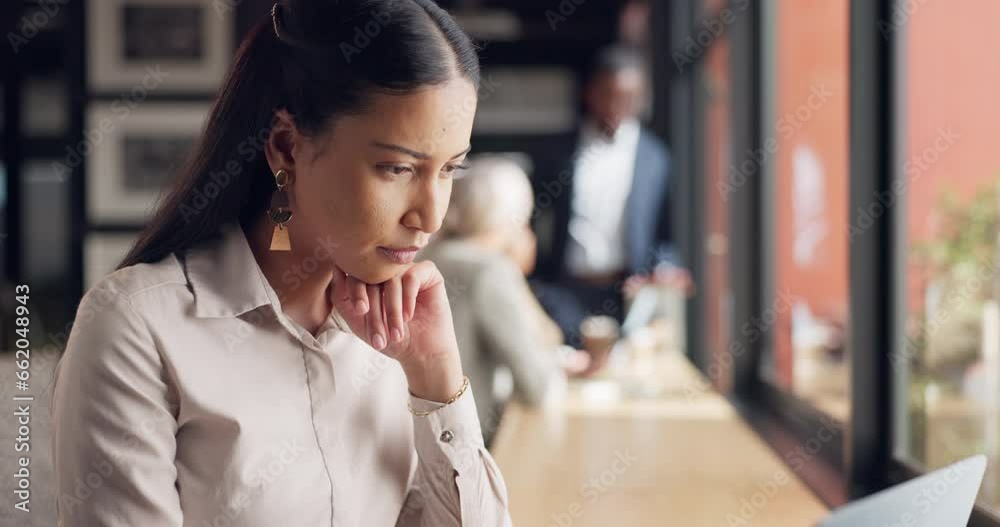 Coffee shop, business and thinking with woman, laptop and connection with problem solving, solution or internet. Cafe, employee or entrepreneur with a pc, startup or planning with website information