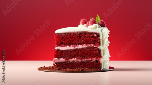 Luscious red velvet cake on a gradient background.