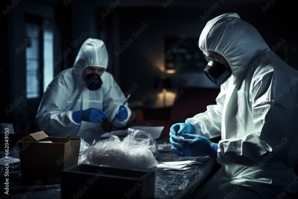 Forensic experts examining evidence in a well-lit and professional environment. Generative Ai Forensic experts examining evidence in a well-lit and professional environment. Generative Ai