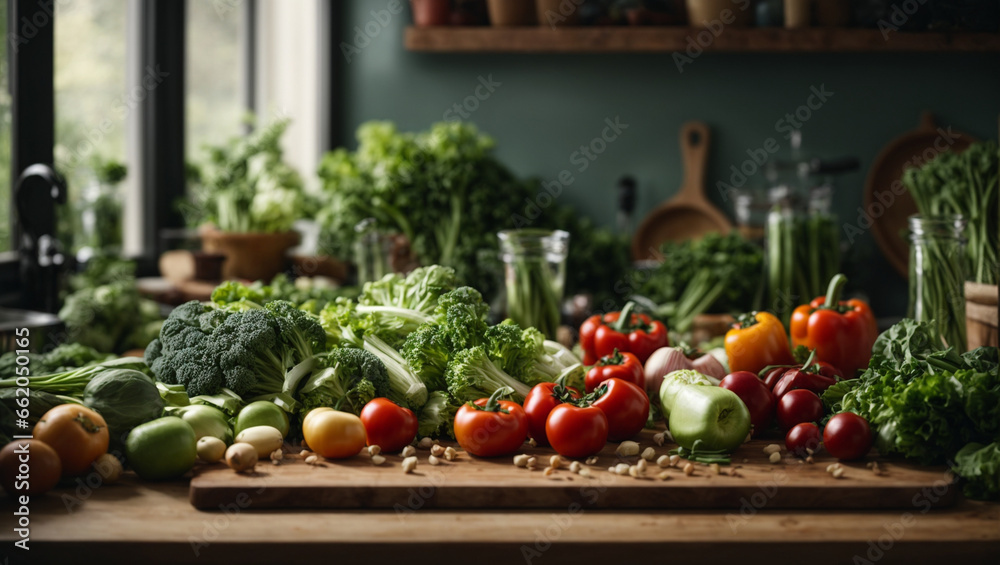 Fresh clean vegetables being put on a kitchen desk top Fresh clean vegetables being put on a kitchen desk top