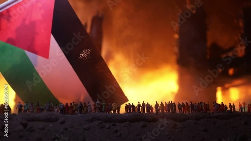 Conflict between Israel and Palestine concept. Burning and destroyed city by war. Concept of crisis of war creative decoration. Selective focus