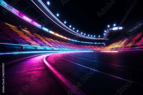 Vibrant stadium with flashy neon lights conveying sport, competition, victory, action, and motion. Generative AI