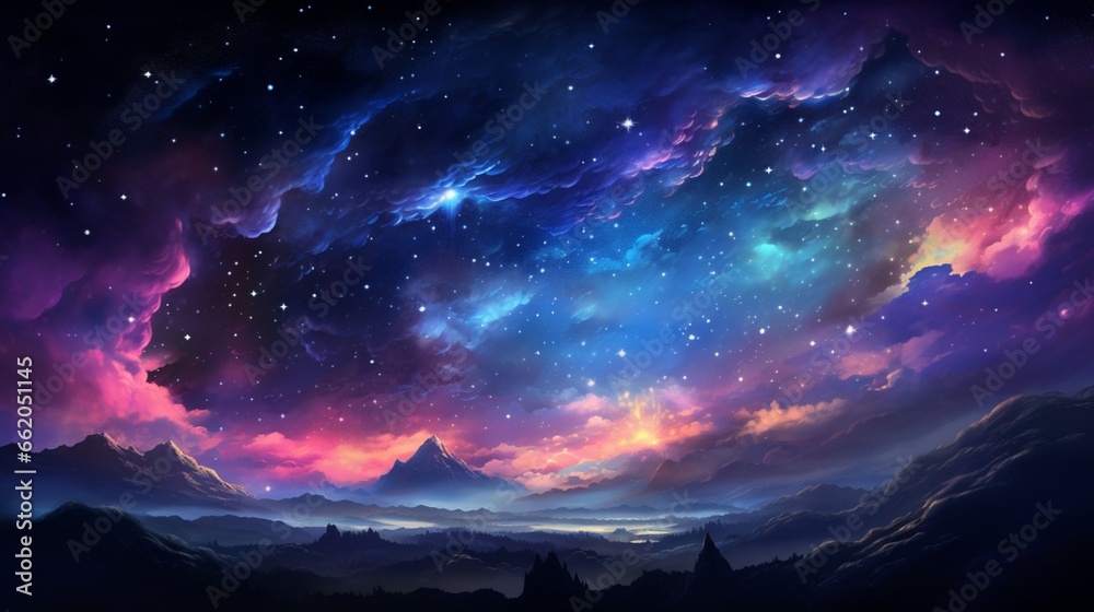 Create a mesmerizing cosmic dreamscape filled with neon-colored stars and ethereal cosmic clouds.