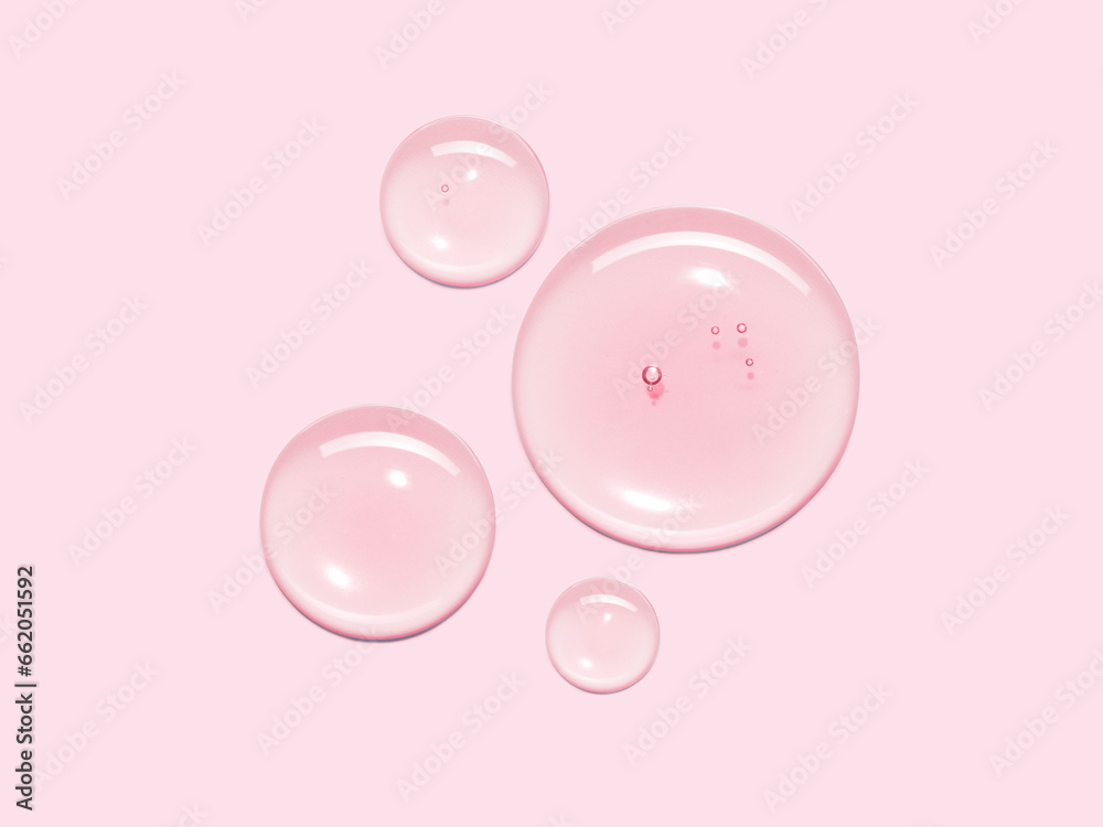 Serum oil sample swatch round shape texture isolated on pastel pink background. cosmetic Hyaluronic acid retinol collagen science lab product - obrazy, fototapety, plakaty 