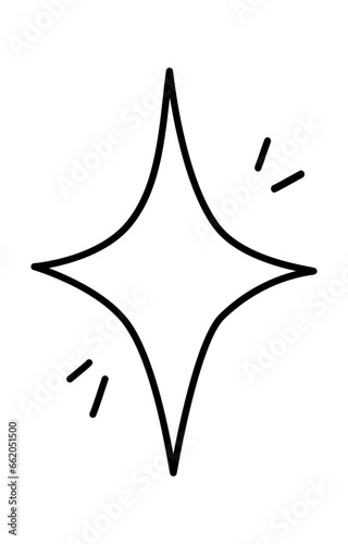 Simple four pointed star with sparkling, diamond shape, doodle flat vector outline for coloring book