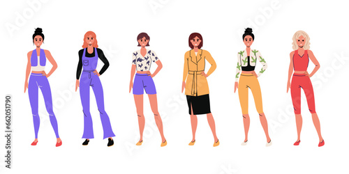 Set of Girls in flat style in different clothes. Face and hand. Vector stock illustration. Character. Isolated. White background. Woman. Human. Emotions. Graphic design. Person