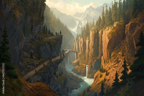 Artwork depicting a ravine, waterway, precipice, and cascades. Generative AI photo