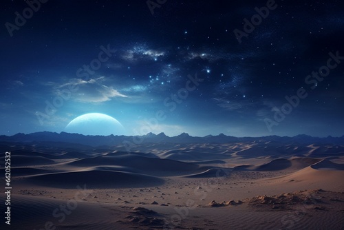 A serene desert scene with sandy dunes under a beautiful starry sky. Generative AI
