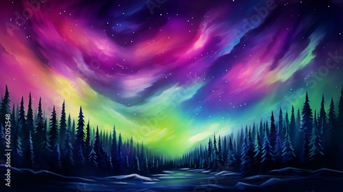 an abstract artwork inspired by the Northern Lights, featuring ethereal, neon-hued streaks across the sky.