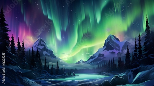 an abstract artwork inspired by the Northern Lights  featuring ethereal  neon-hued streaks across the sky.