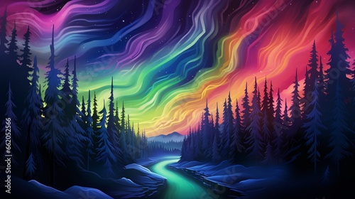 an abstract artwork inspired by the Northern Lights, featuring ethereal, neon-hued streaks across the sky.