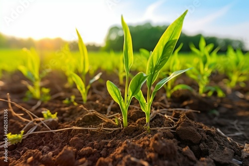 Spring corn field with fresh, green sprouts. Young corn seedling growth in farmed area. Generative AI