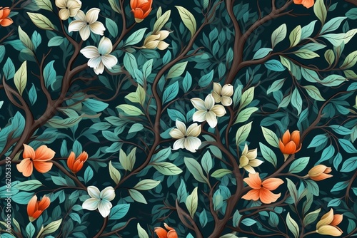 Seamless pattern of branches, leaves, and flowers for background. Generative AI