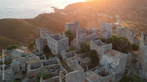 Aerial view of Vathia village against a Dramatic sunset sky. Vathia, Mani, Laconia, Peloponnese, Greece
