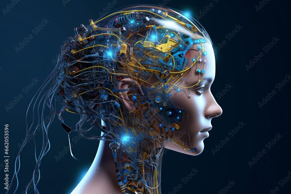 Obraz premium Cyborg female. Cyborg head. Cybernetic organism. Mechanical robot. Future technologies. Artificial intelligence.