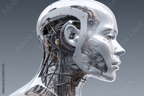 Cyborg female. Cyborg head. Cybernetic organism. Mechanical robot. Future technologies. Artificial intelligence.