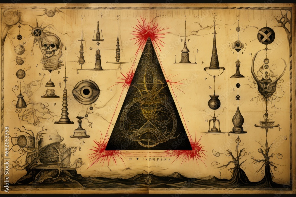 Symbols of alchemy and magic on ancient scrolls  - obrazy, fototapety, plakaty 