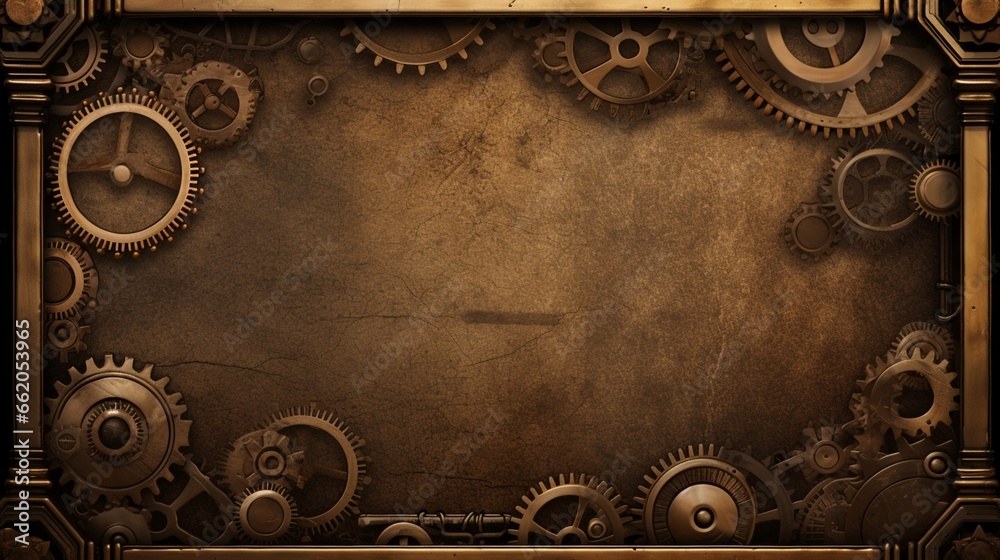 Design a poster blank mockup in a steampunk style with gears and cogs as decor. - obrazy, fototapety, plakaty 