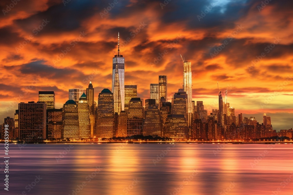 The iconic New York City skyline glows during sunset, as lights from towering buildings shimmer on the Hudson River. Generative AI