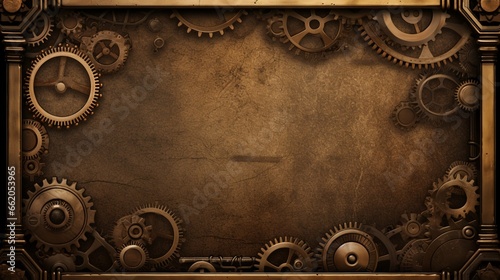 Design a poster blank mockup in a steampunk style with gears and cogs as decor. photo