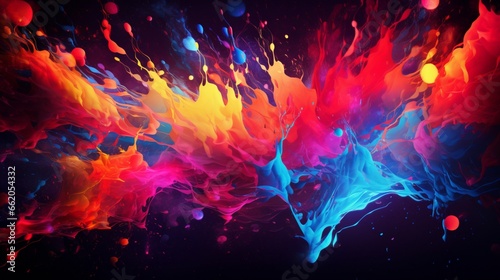 Design an abstract background with a chaotic swirl of neon paint splatters and drips.