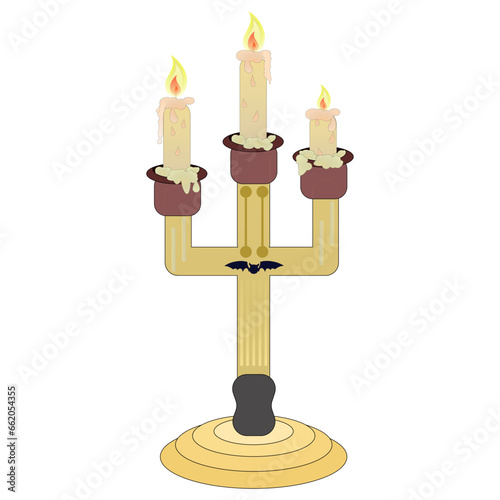Candle holder with three burning candles and a bat, Halloween