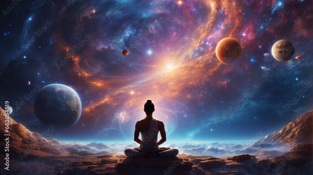 Meditation in space, immersed in a cosmic landscape, surrounded by celestial wonders.