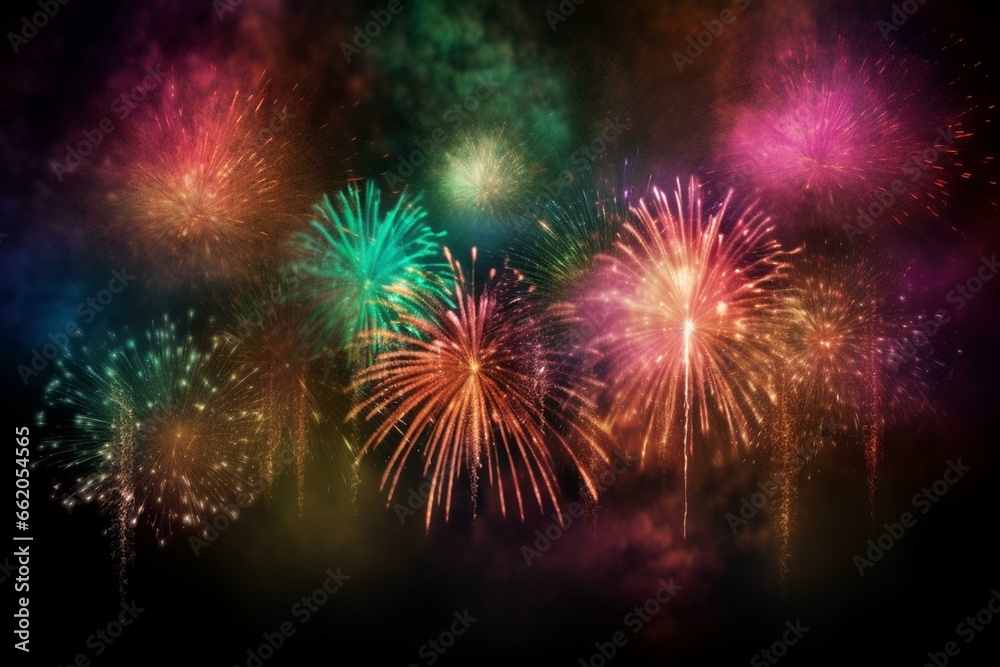 Colorful fireworks over a joyful holiday backdrop. Generative AI