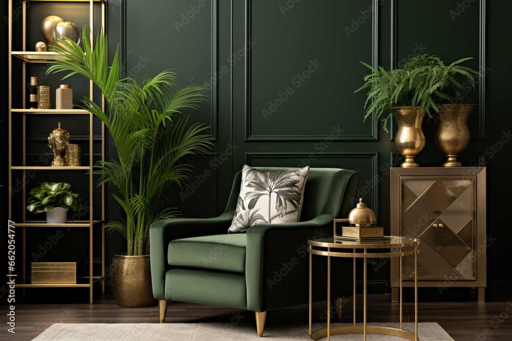 Luxurious living room with chic armchair, gold bar plants