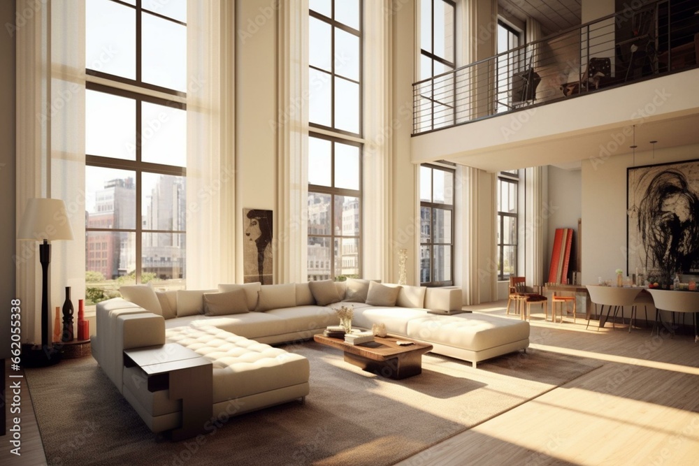Elegant loft with expansive windows and contemporary minimalist decor; artful rendering. Generative AI