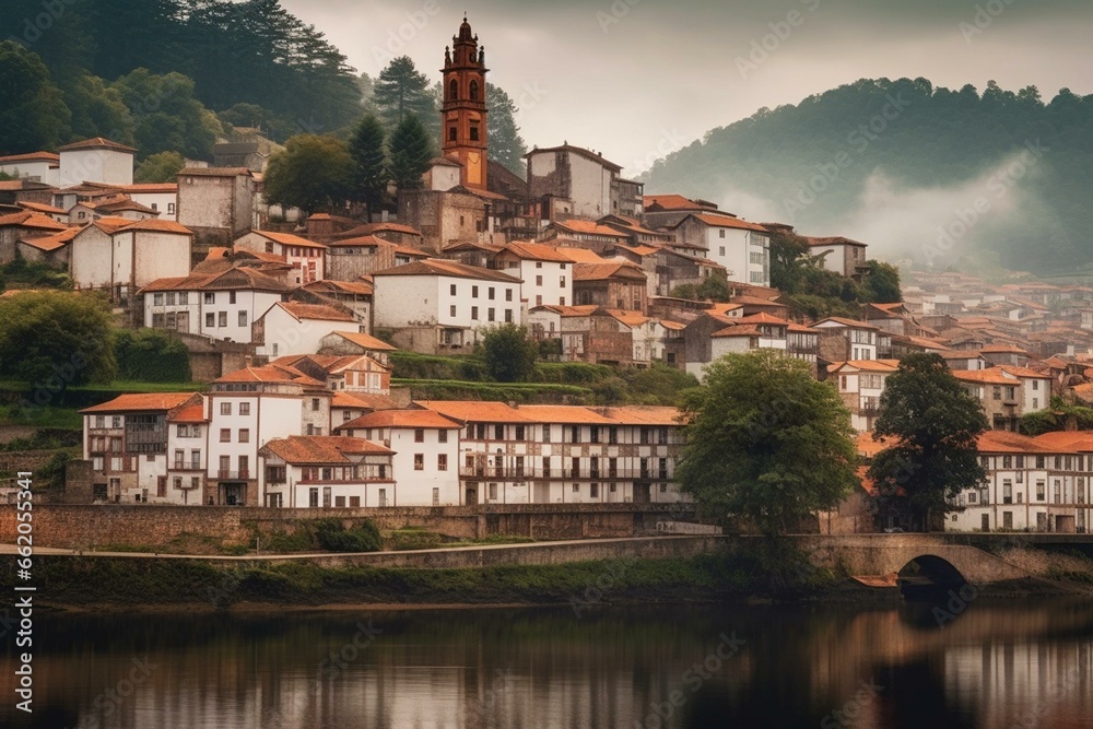 A Spanish town named Sangenjo in the Galicia region against a background image. Generative AI