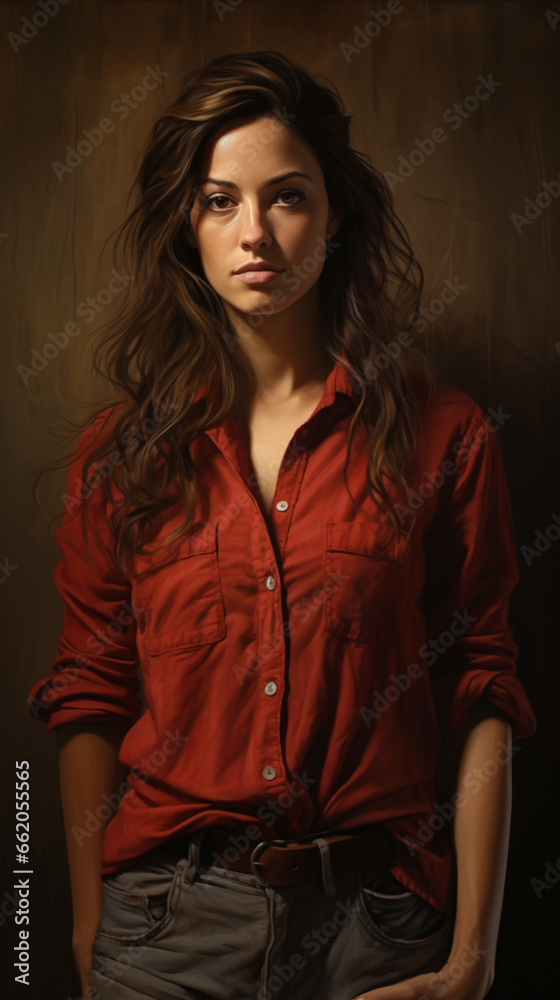 Confident Woman with Long Brown Hair and Fashionable Clothing in Studio Portrait