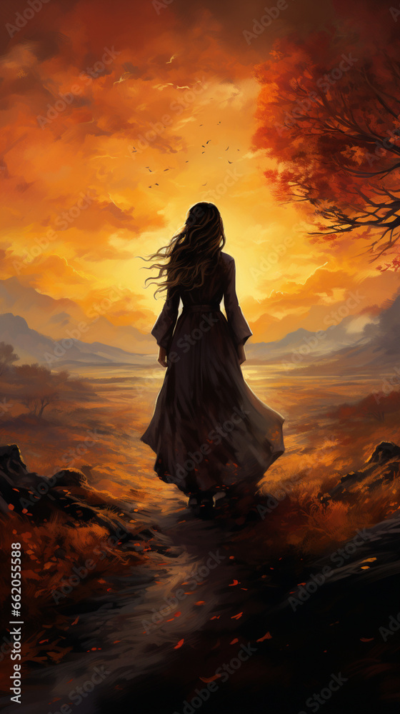 Solitary Figure Basks in the Vibrant Sunset on a Tranquil Shoreline Solitary Figure Basks in the Vibrant Sunset on a Tranquil Shoreline