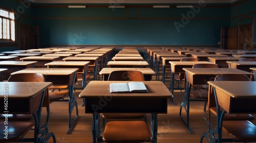 Empty classroom desks arranged in rows, symbolizing the impact of remote learning.