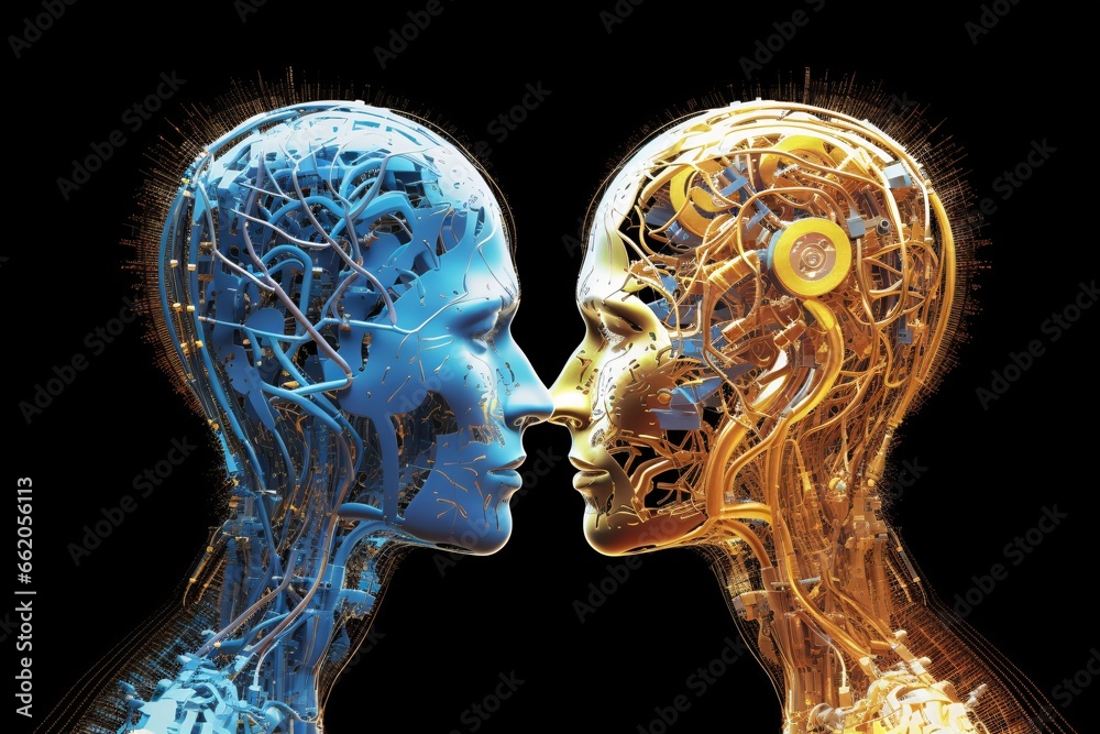 3D rendering of two cyborgs looking at each other on digital background ...