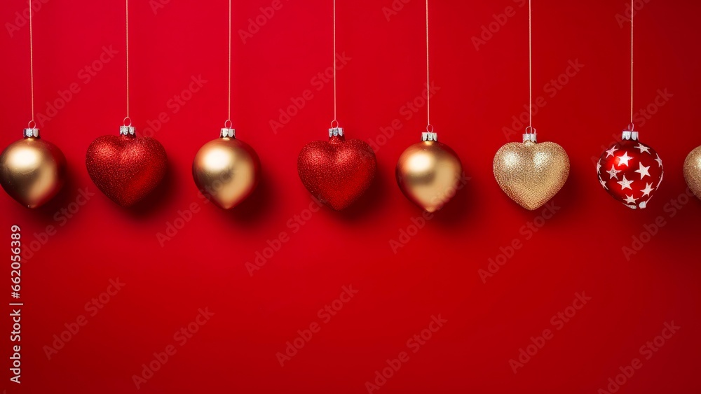 Christmas tree ornaments on red background Christmas tree ornaments on red background