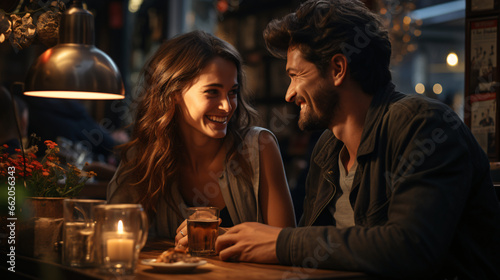 A couple smiling drinking coffe at night 