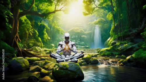 humanoid robot meditating outdoors in a beautiful forest, harmony between technology and nature 
