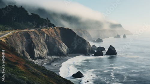 Fog rolling in over coastal cliffs.