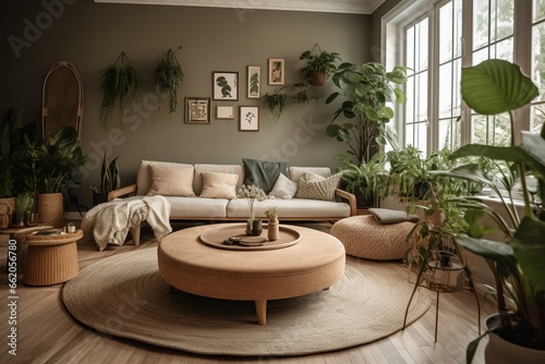 Warm living room with comfortable sofa  circular coffee table and lush green plants. Generative AI