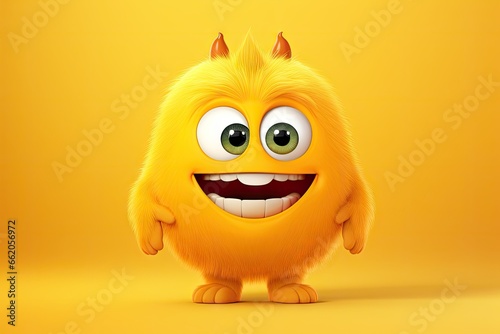 Funny fluffy monster isolated on clear bright yellow background. Happy and furry little monster. Cute yeti. Halloween character © ratatosk