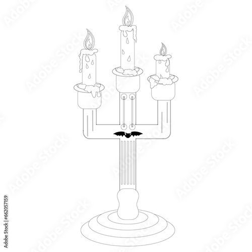 Children's coloring books: Candle holder with three burning candles and a bat, Halloween