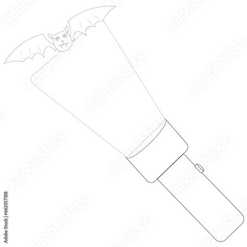 Children's coloring books: Flashlight with light beam and bat silhouette, Halloween