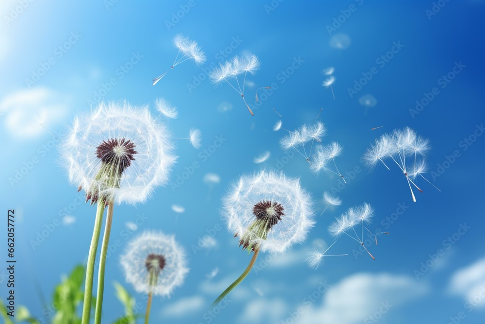 dandelion blowing wind blurry sky blue background small white flowers. Generative AI