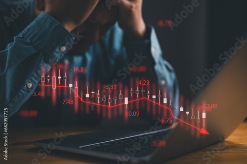 Economic collapse concept, businessman and Crisis chart with downwards arrow, financial problems, recession, debt, inflation, market collapse, financial crisis economic recession slowing down, etc..