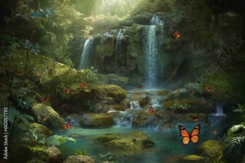 Enchanting: butterflies, wildlife, waterfall, fantasy. Generative AI