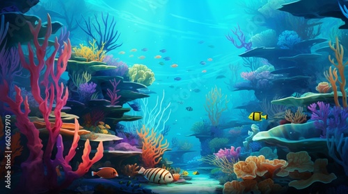 Generate an abstract underwater paradise with vibrant coral reefs and exotic marine life.
