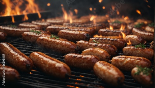 Grilling sausages on charcoal, barbecue party