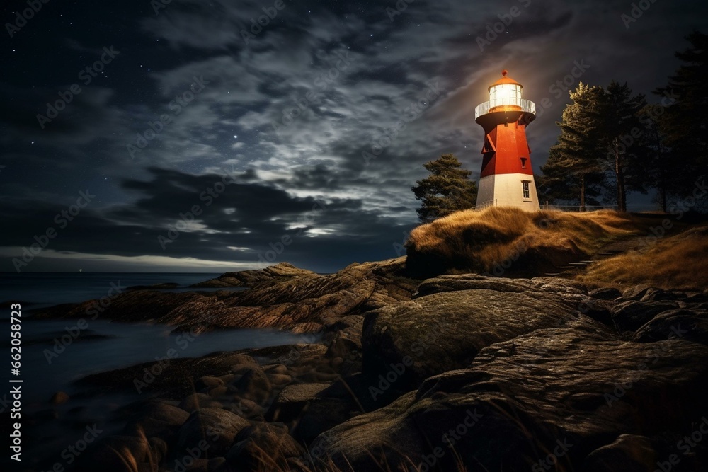 the lighthouse gleams in the dark Swedish night. Generative AI