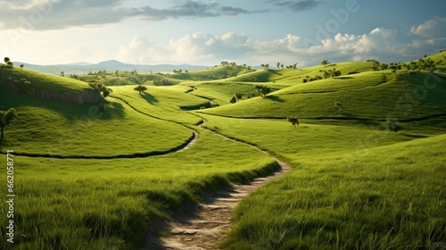 Grass field with a winding dirt path.